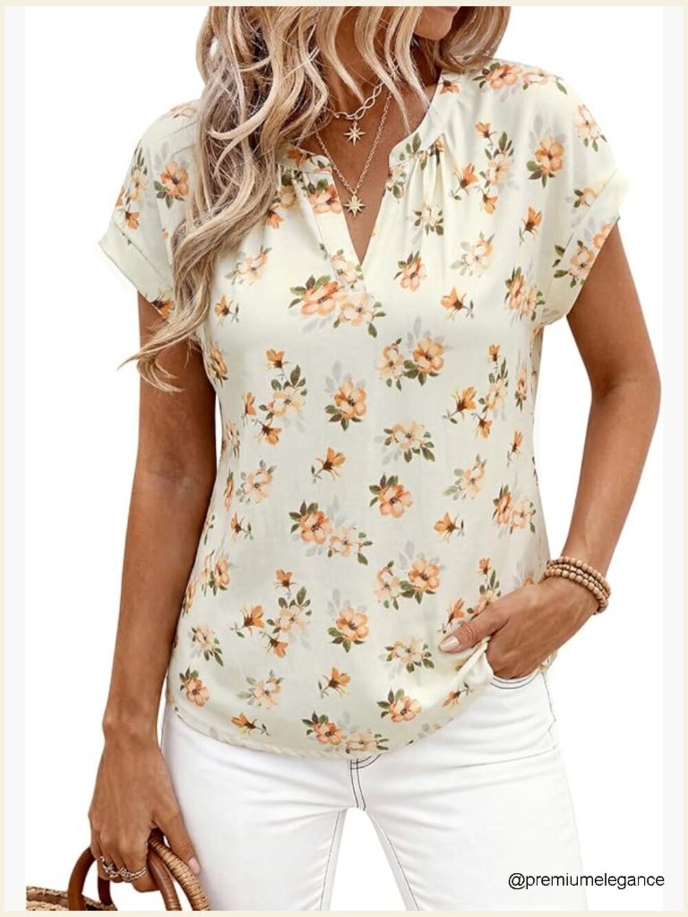 Rolled Short Sleeve V-Neck Floral Blouse Loose Fit Summer Tunic T Shirt